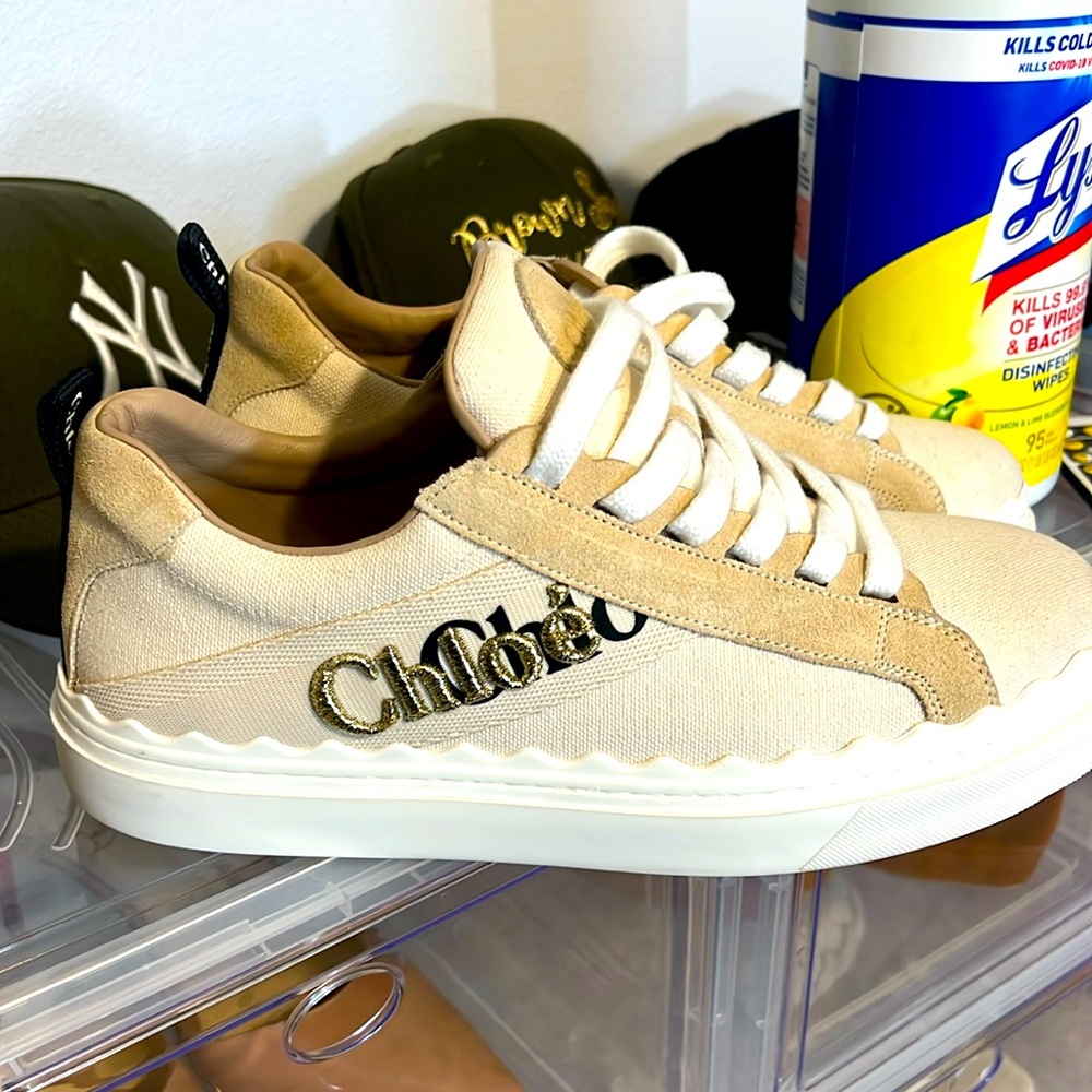Chloé Beige and White Canvas Low-Top Sneakers with Gold Logo